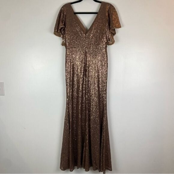 Revelry Gwen Sequin Flutter Sleeve Gown in Mocha 10 - Picture 7 of 12
